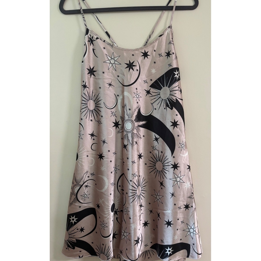 Celestial Sun Moon Star Satin Slip Dress, Whimsigoth, 90's Look Grunge Boho Goth
